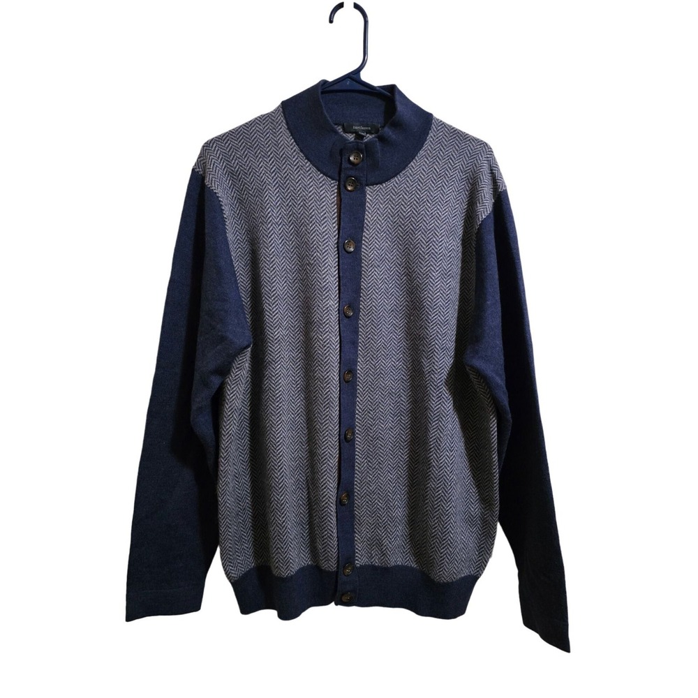 Turtleson Men's Spike Birdseye Herringbone Wool Cardigan Large Grandpa Academia